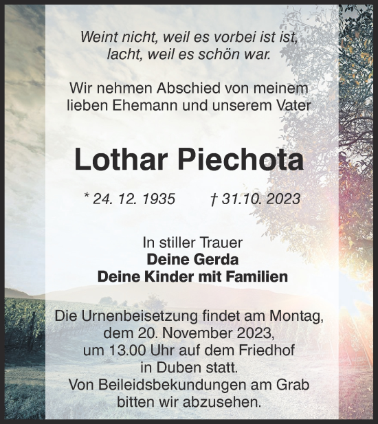 Traueranzeige von Lothar Piechota von Lausitzer Rundschau