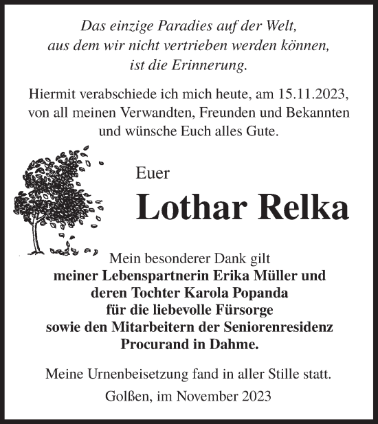 Traueranzeige von Lothar Relka von Lausitzer Rundschau