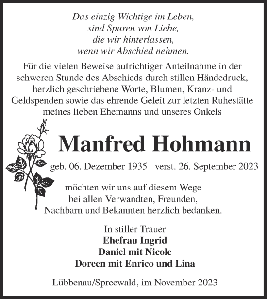 Traueranzeige von Manfred Hohmann von Lausitzer Rundschau