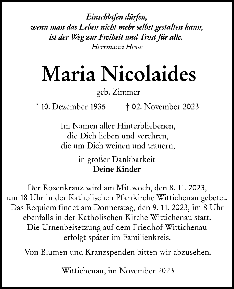  Traueranzeige für Maria Nicolaides vom 08.11.2023 aus Lausitzer Rundschau