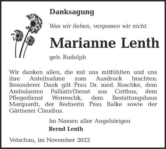 Traueranzeige von Marianne Lenth von Lausitzer Rundschau