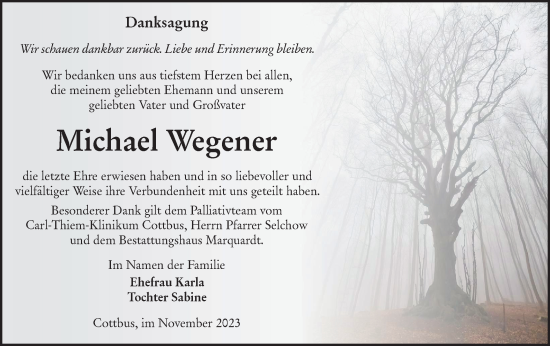 Traueranzeige von Michael Wegener von Lausitzer Rundschau