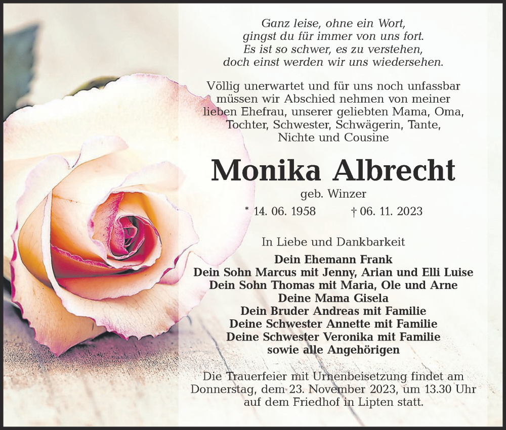  Traueranzeige für Monika Albrecht vom 11.11.2023 aus Lausitzer Rundschau