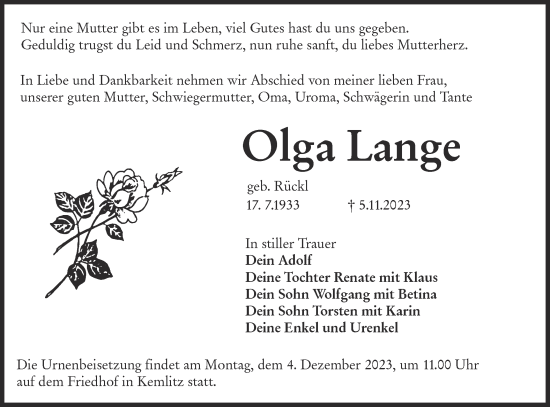 Traueranzeige von Olga Lange von Lausitzer Rundschau