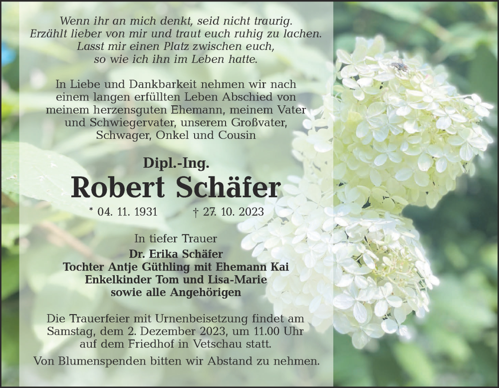  Traueranzeige für Robert Schäfer vom 18.11.2023 aus Lausitzer Rundschau