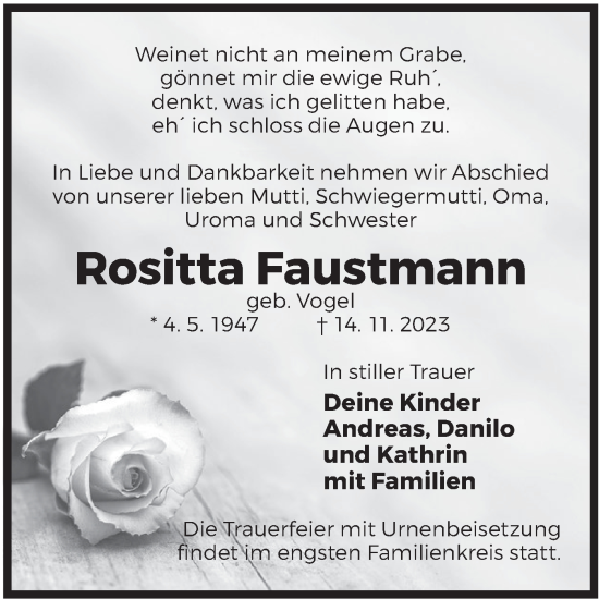 Traueranzeige von Rositta Faustmann von Lausitzer Rundschau