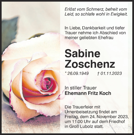 Traueranzeige von Sabine Zoschenz von Lausitzer Rundschau
