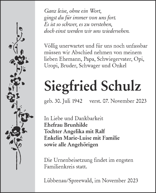 Traueranzeige von Siegfried Schulz von Lausitzer Rundschau