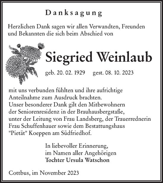 Traueranzeige von Siegried Weinlaub von Lausitzer Rundschau