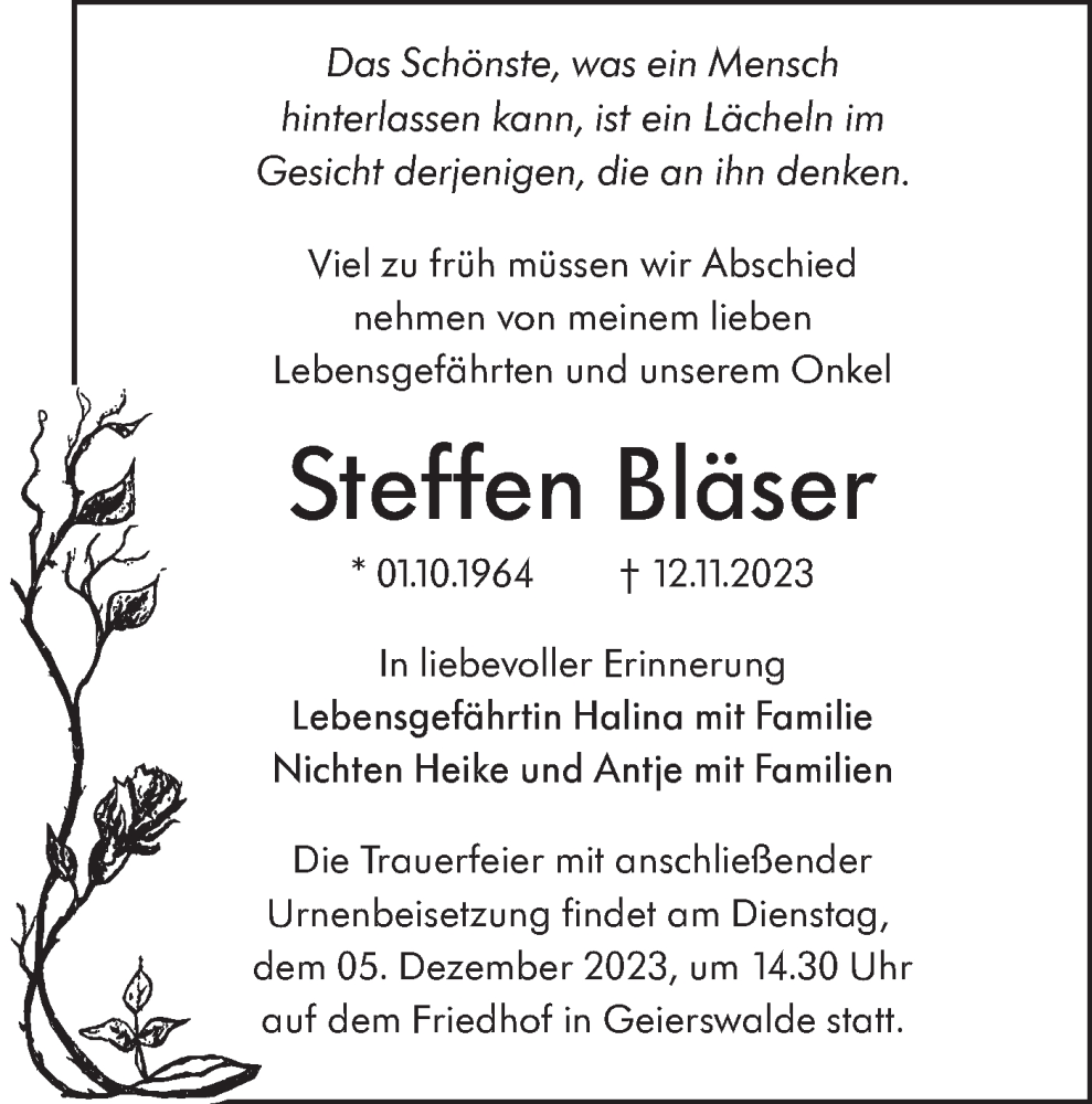  Traueranzeige für Steffen Bläser vom 25.11.2023 aus Lausitzer Rundschau