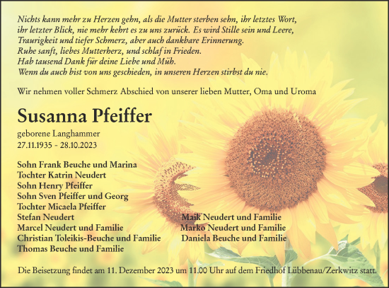 Traueranzeige von Susanna Pfeiffer von Lausitzer Rundschau