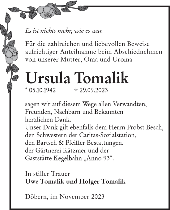 Traueranzeige von Ursula Tomalik von Lausitzer Rundschau