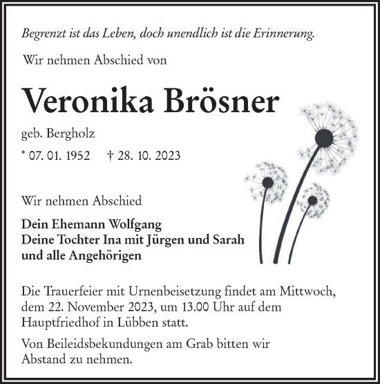 Traueranzeige von Veronika Brösner von Lausitzer Rundschau