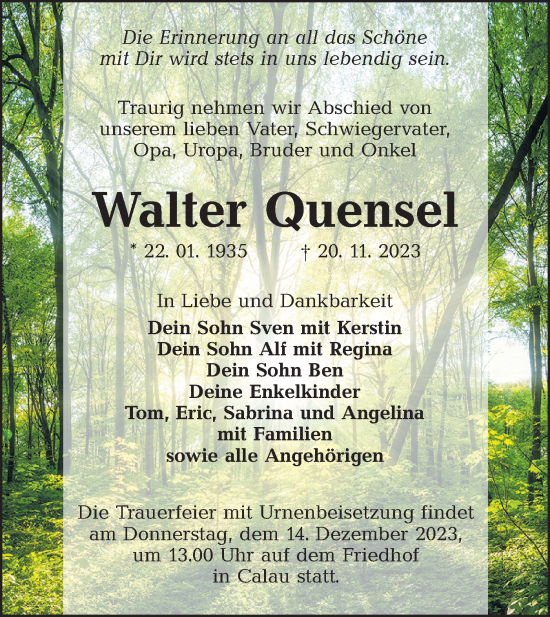 Traueranzeige von Walter Quensel von Lausitzer Rundschau