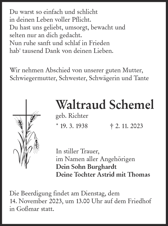 Traueranzeige von Waltraud Schemel von Lausitzer Rundschau