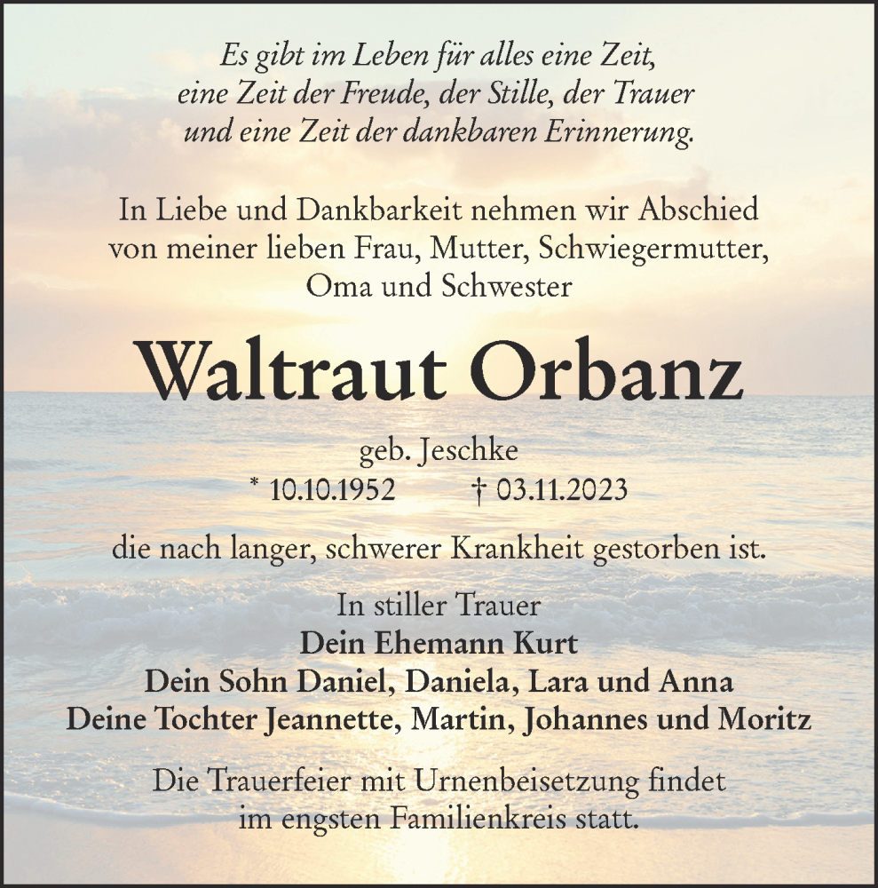  Traueranzeige für Waltraut Orbanz vom 18.11.2023 aus Lausitzer Rundschau