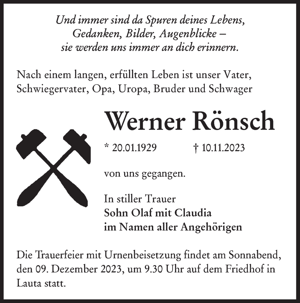  Traueranzeige für Werner Rönsch vom 25.11.2023 aus Lausitzer Rundschau