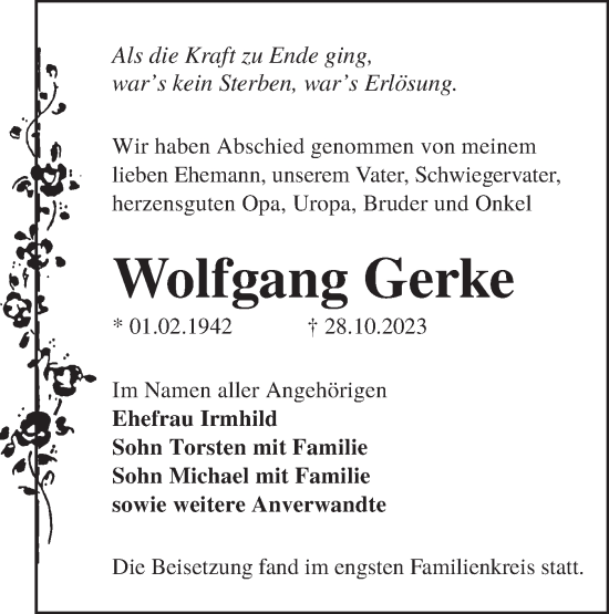 Traueranzeige von Wolfgang Gerke von Lausitzer Rundschau
