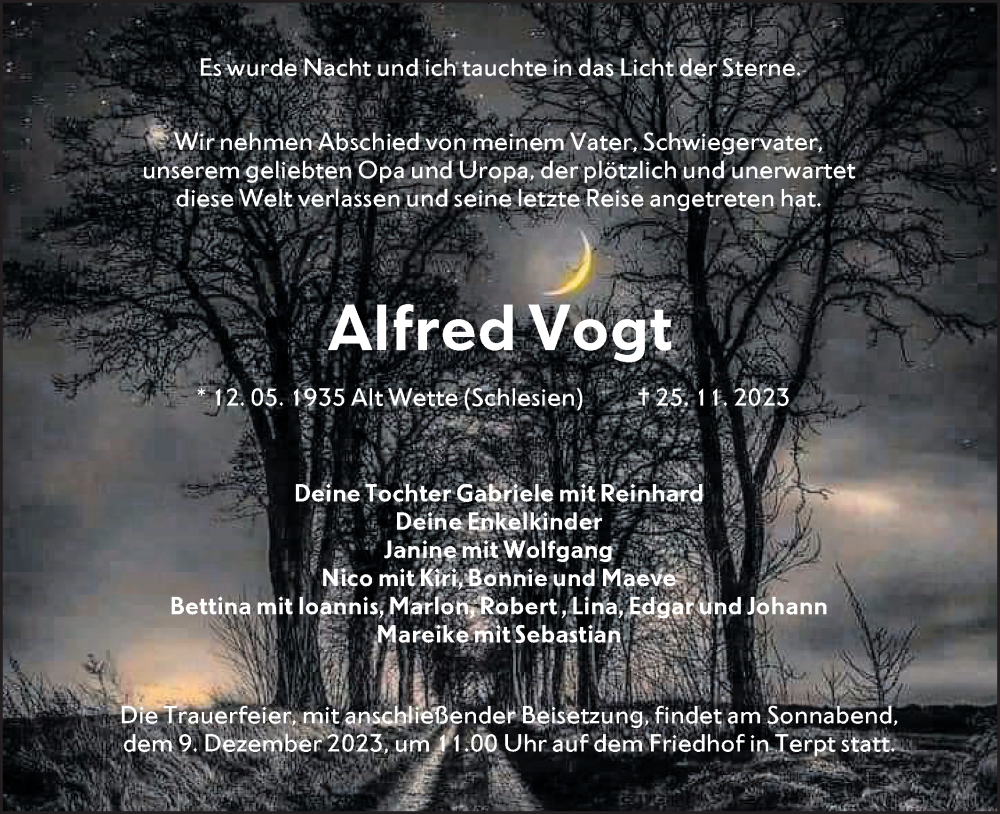  Traueranzeige für Alfred Vogt vom 02.12.2023 aus Lausitzer Rundschau