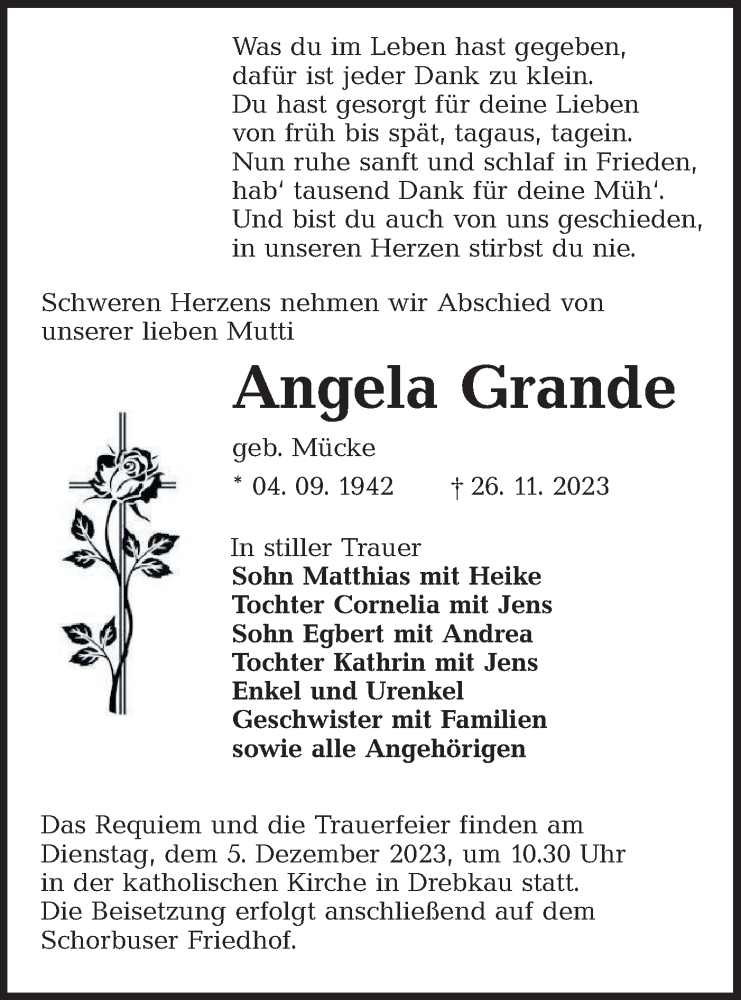  Traueranzeige für Angela Grande vom 02.12.2023 aus Lausitzer Rundschau