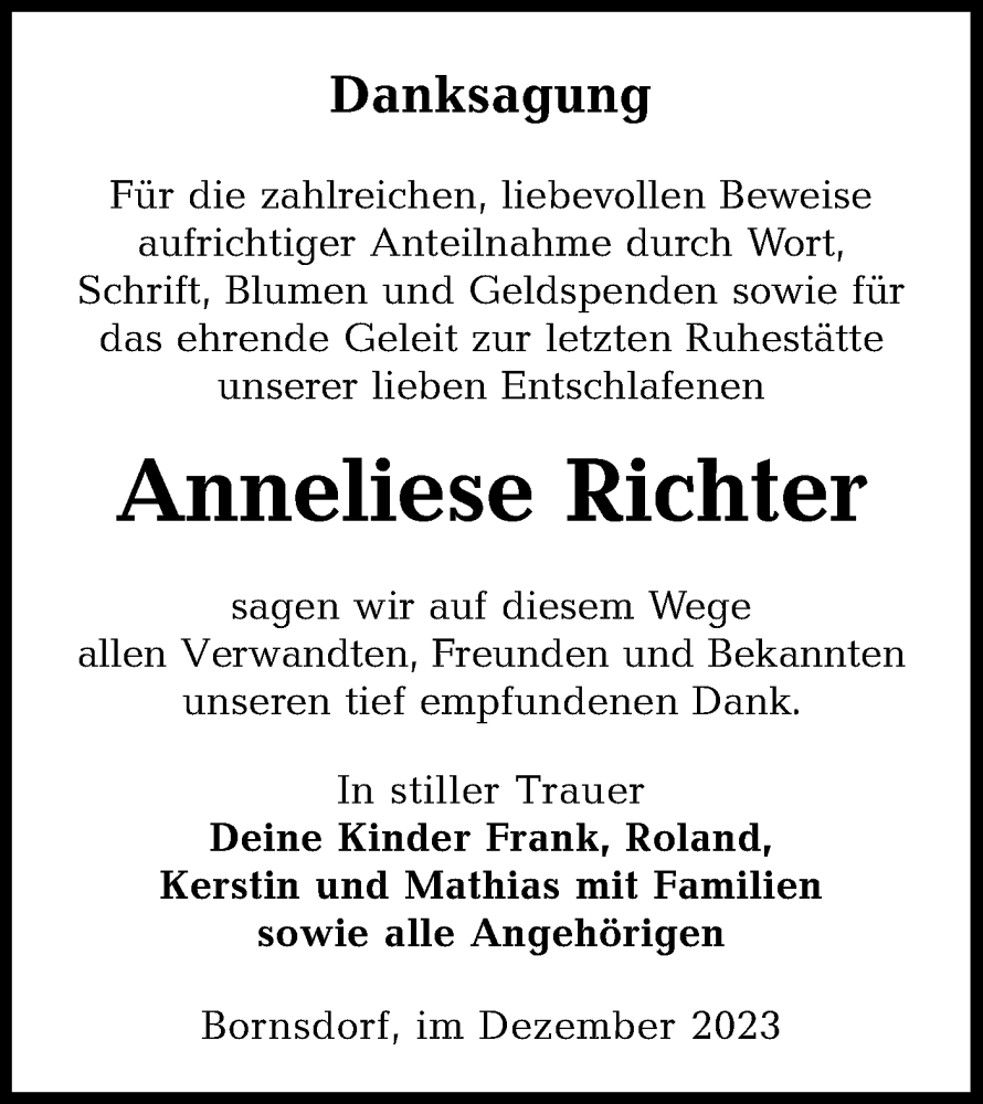  Traueranzeige für Anneliese Richter vom 30.12.2023 aus Lausitzer Rundschau
