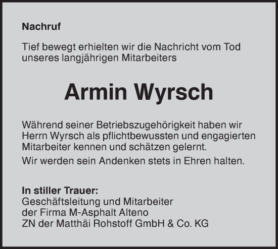 Traueranzeige von Armin Wyrsch von Lausitzer Rundschau