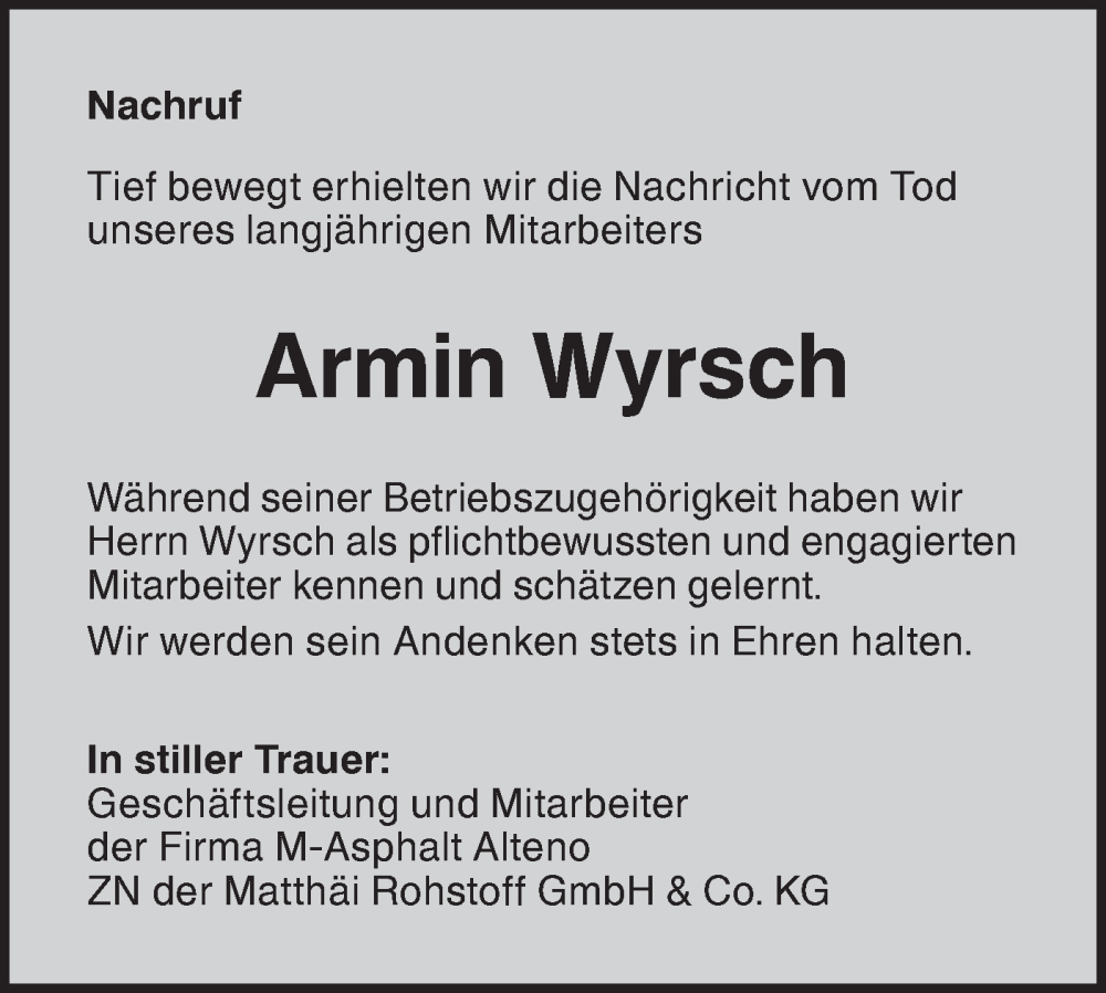  Traueranzeige für Armin Wyrsch vom 15.12.2023 aus Lausitzer Rundschau