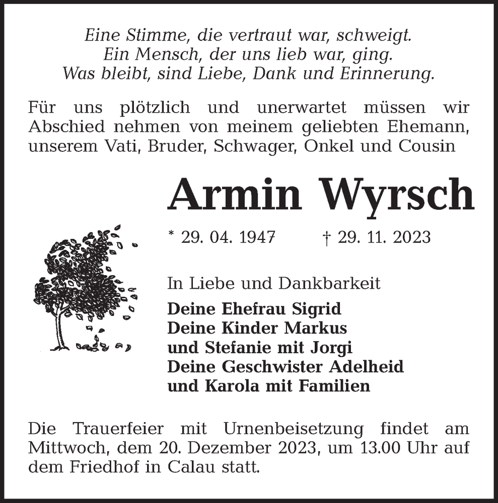  Traueranzeige für Armin Wyrsch vom 09.12.2023 aus Lausitzer Rundschau