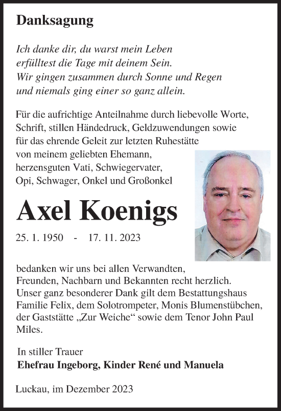 Traueranzeige von Axel Koenigs von Lausitzer Rundschau