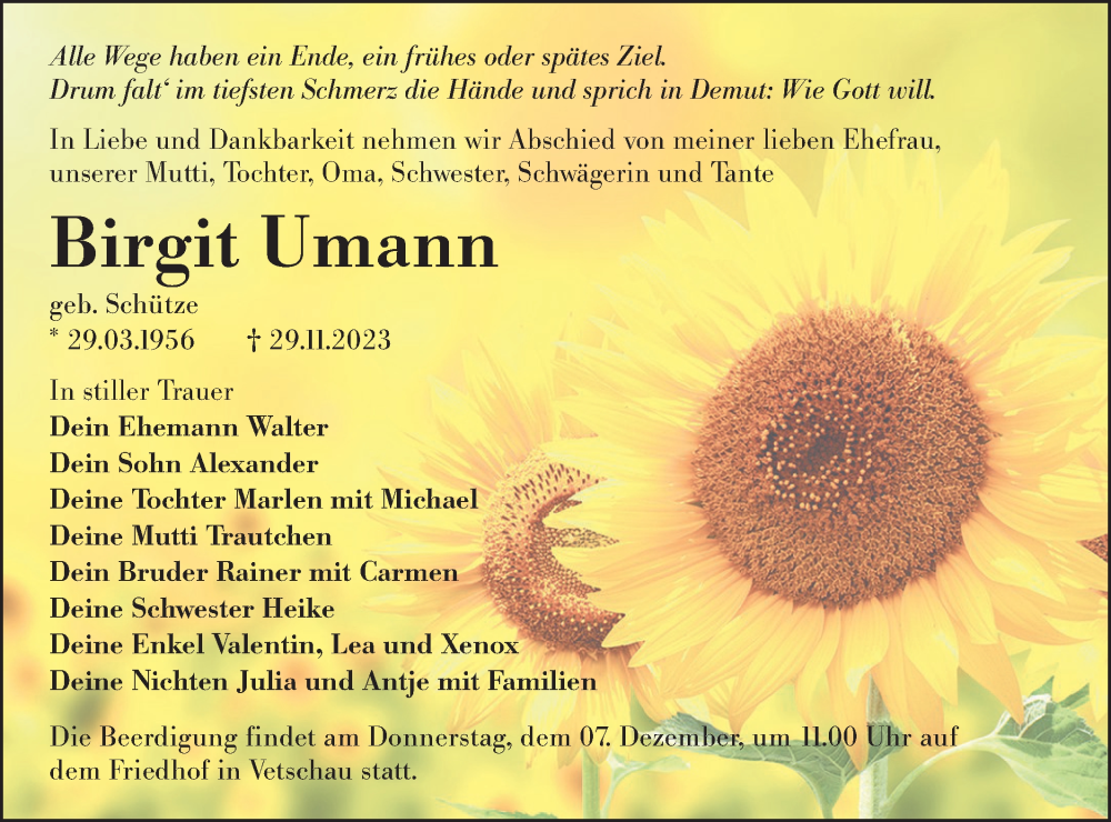  Traueranzeige für Birgit Umann vom 04.12.2023 aus Lausitzer Rundschau
