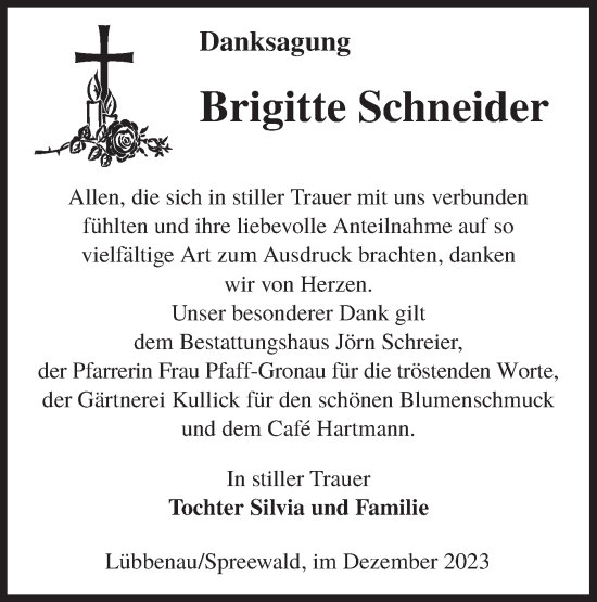 Traueranzeige von Brigitte Schneider von Lausitzer Rundschau