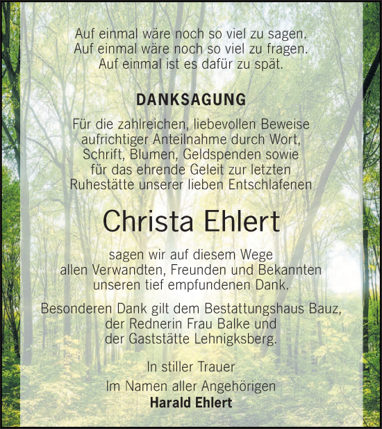 Traueranzeige von Christa Ehlert von Lausitzer Rundschau
