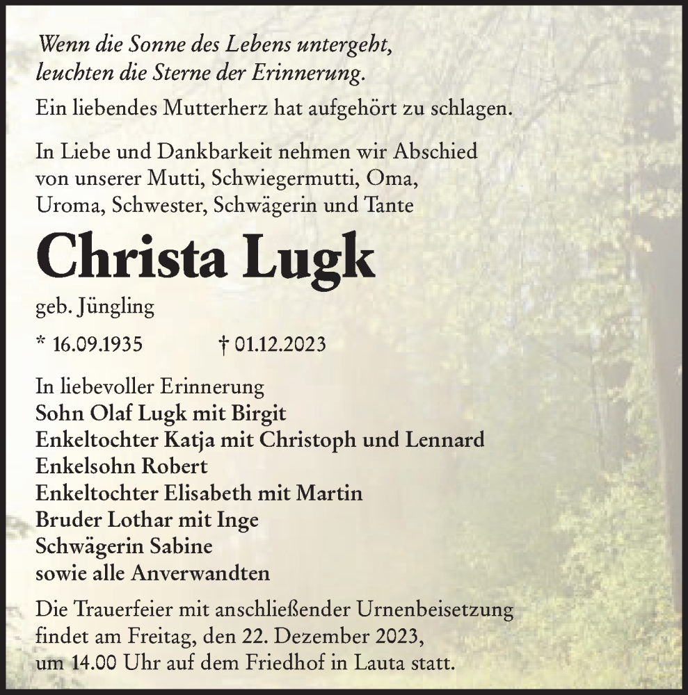  Traueranzeige für Christa Lugk vom 09.12.2023 aus Lausitzer Rundschau