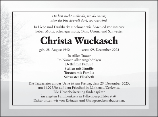 Traueranzeige von Christa Wuckasch von Lausitzer Rundschau