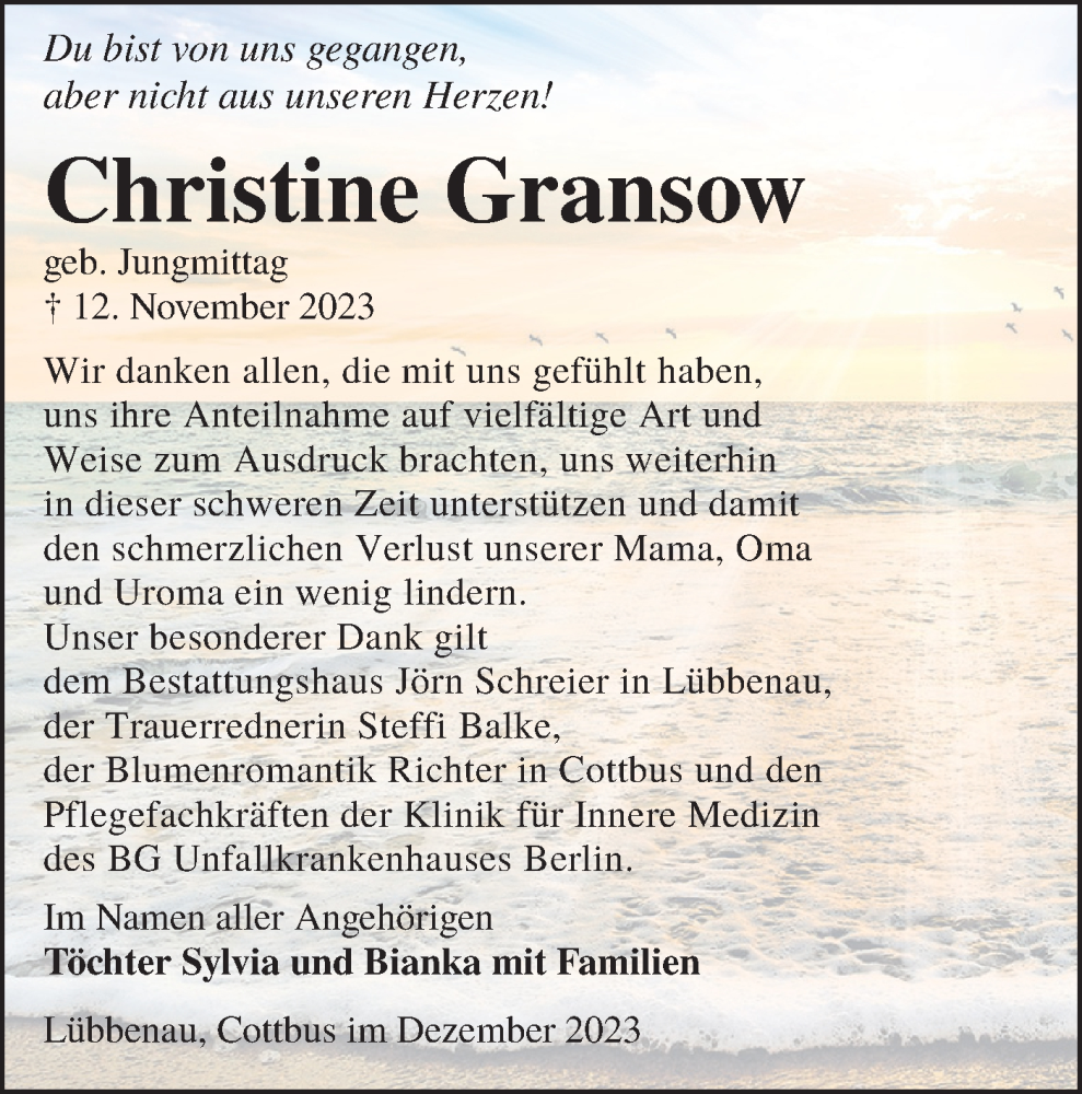  Traueranzeige für Christine Gransow vom 23.12.2023 aus Lausitzer Rundschau