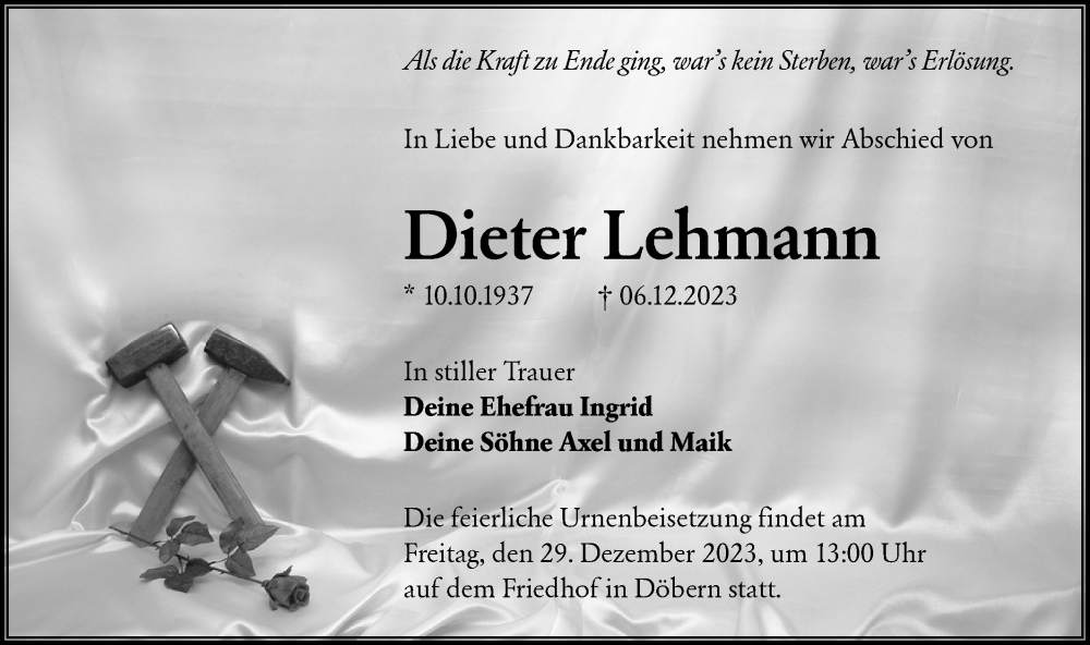  Traueranzeige für Dieter Lehmann vom 16.12.2023 aus Lausitzer Rundschau