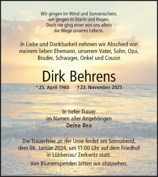 Traueranzeige von Dirk Behrens von Lausitzer Rundschau