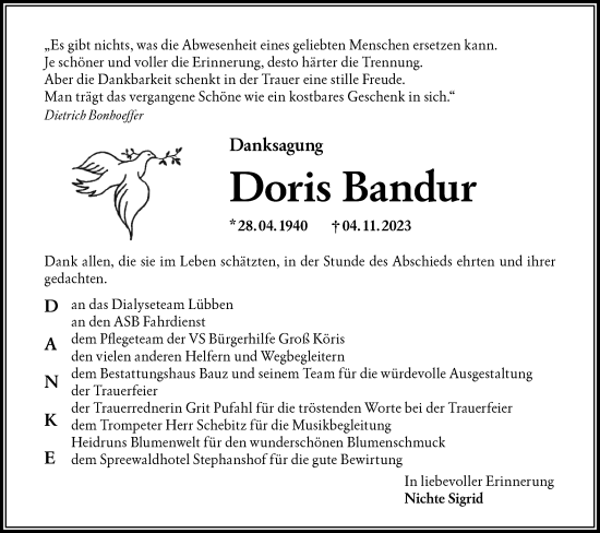 Traueranzeige von Doris Bandur von Lausitzer Rundschau