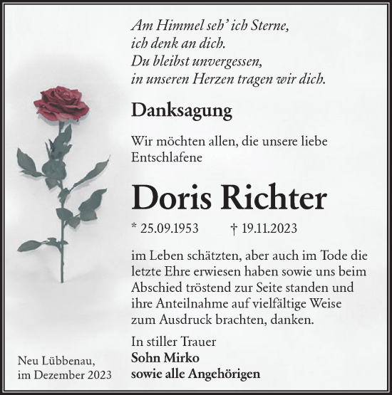 Traueranzeige von Doris Richter von Lausitzer Rundschau