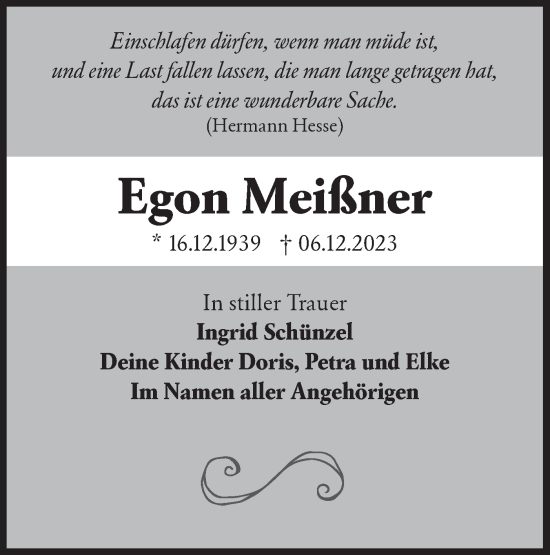 Traueranzeige von Egon Meißner von Lausitzer Rundschau