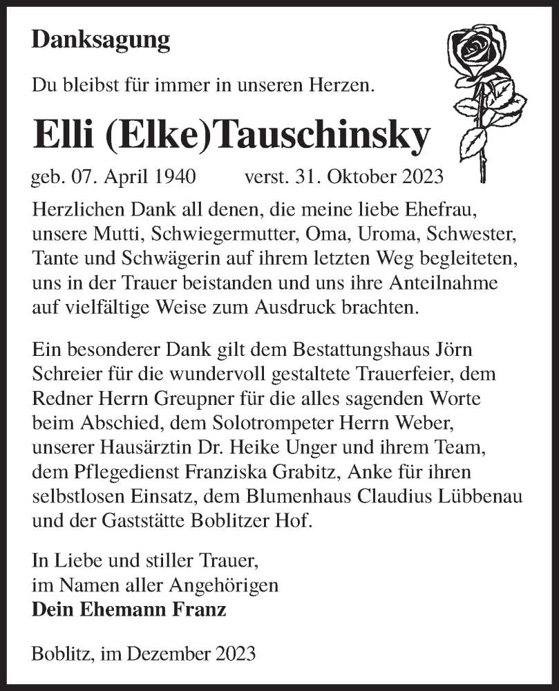  Traueranzeige für Elli Tauschinsky vom 23.12.2023 aus Lausitzer Rundschau