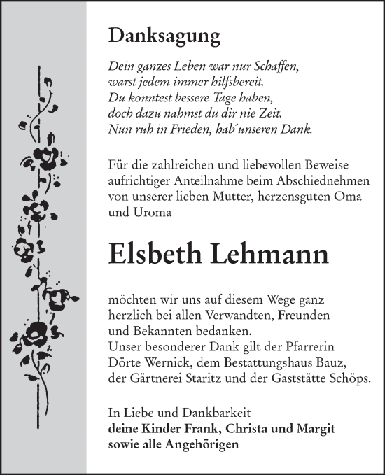 Traueranzeige von Elsbeth Lehmann von Lausitzer Rundschau