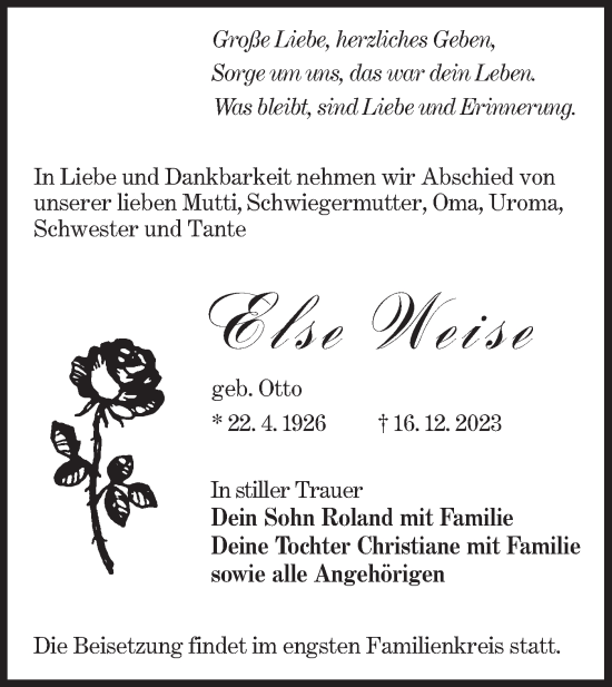 Traueranzeige von Else Weise von Lausitzer Rundschau