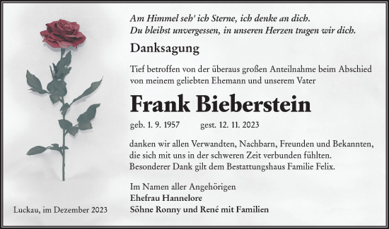Traueranzeige von Frank Bieberstein von Lausitzer Rundschau