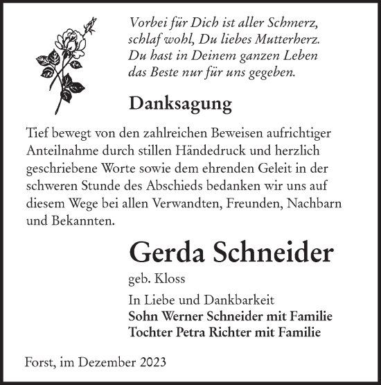 Traueranzeige von Gerda Schneider von Lausitzer Rundschau