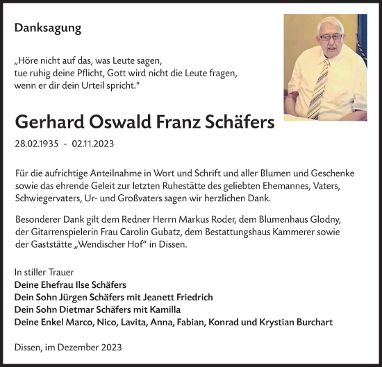 Traueranzeige von Gerhard Oswald Franz  Schäfers von Lausitzer Rundschau