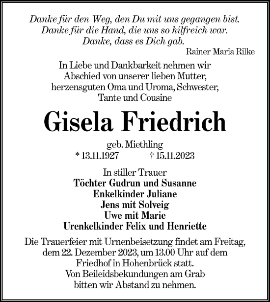 Traueranzeige von Gisela Friedrich von Lausitzer Rundschau
