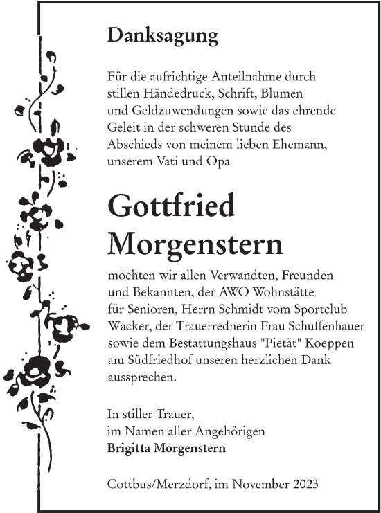 Traueranzeige von Gottfried Morgenstern von Lausitzer Rundschau