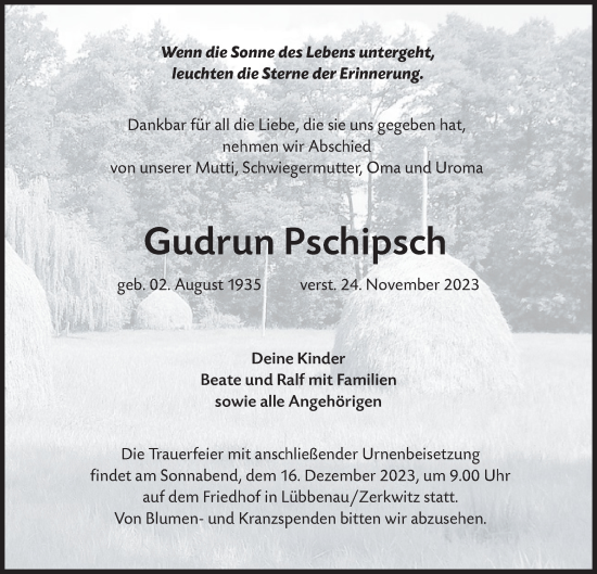 Traueranzeige von Gudrun Pschipsch von Lausitzer Rundschau