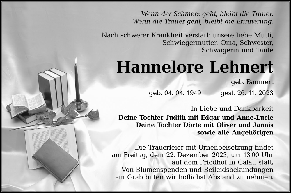  Traueranzeige für Hannelore Lehnert vom 09.12.2023 aus Lausitzer Rundschau